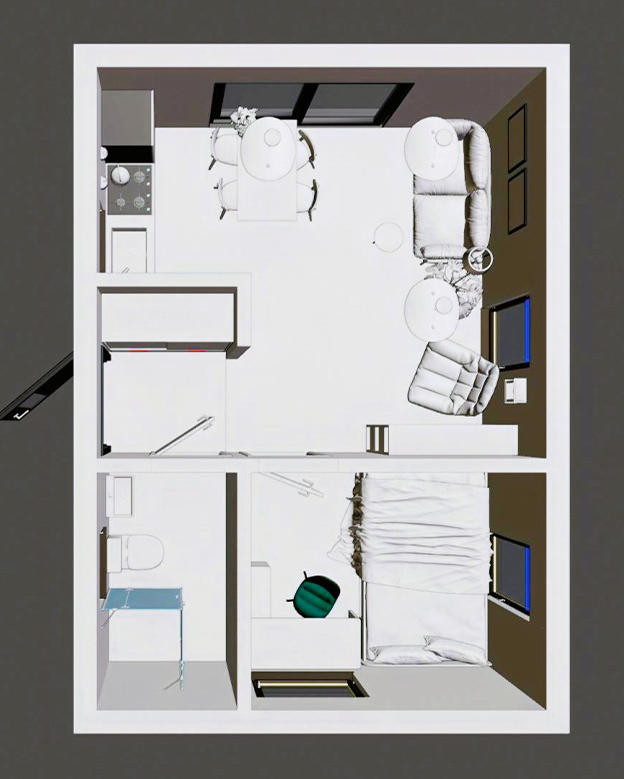 Plan projektu wnętrza kawalerki (salon z aneksem, sypialnia i łazienka) - rzut z góry